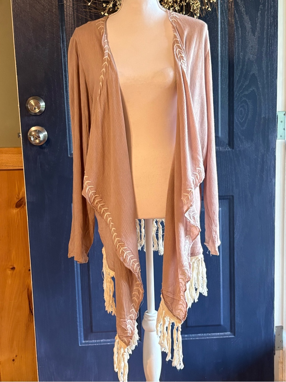 Entro L Boho Fringe Cardigan Kimono Embroidered Lace Waterfall Duster